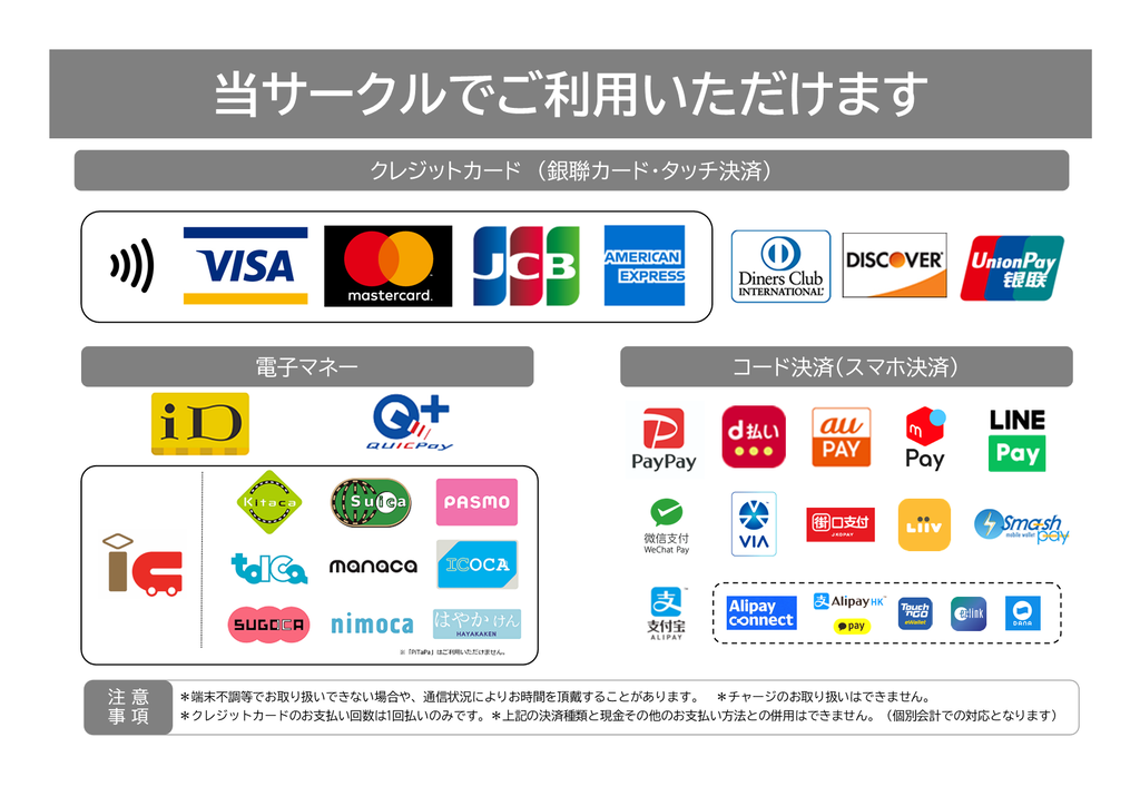 POS・CCT Lab.サークル関連 / 支払い方法
対応しているお支払い方法 (2022/12/30更新)
コメント