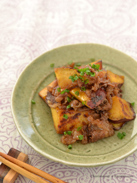 さつまいもと牛肉の甘ソース炒め2