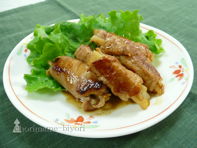 豚巻きれんこんの照り味噌焼き