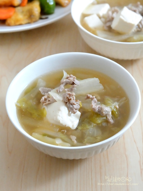 晩ごはん240214_豚こま白菜大根豆腐鶏ガラ酒塩こしょう