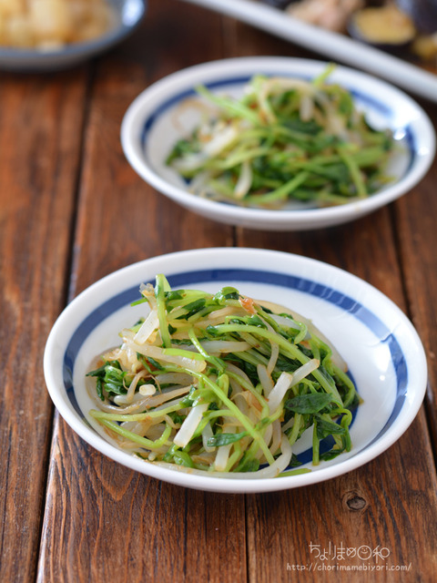 晩ごはん200716_もやしと豆苗のおかか醤油