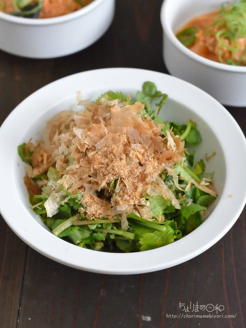 晩ごはん220617_クレソンとパクチーのおかか醤油