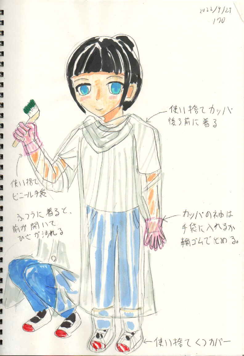 使い捨てカッパを着て塗装作業 カッパは透明で