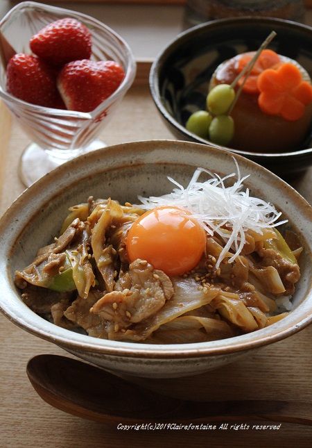 簡単スタミナ丼！と、新鮮野菜たっぷり！の和定食 : clairefontaine