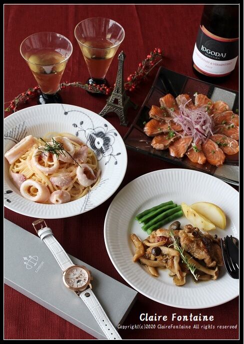 いか明太のクリームスパゲティ と チキンの猟師風煮込み Clairefontaine