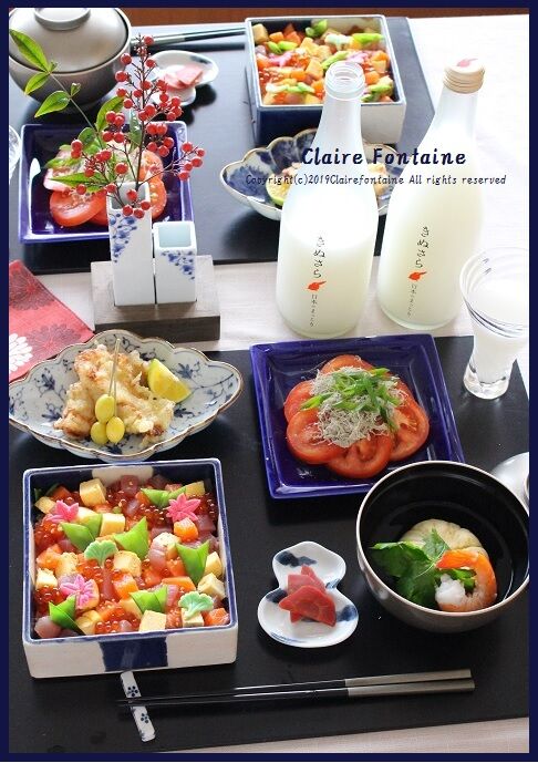 海鮮ちらし寿司 と 日本のマッコリ Clairefontaine 海鮮ちらし寿司 と 日本のマッコリ Clairefontaine
