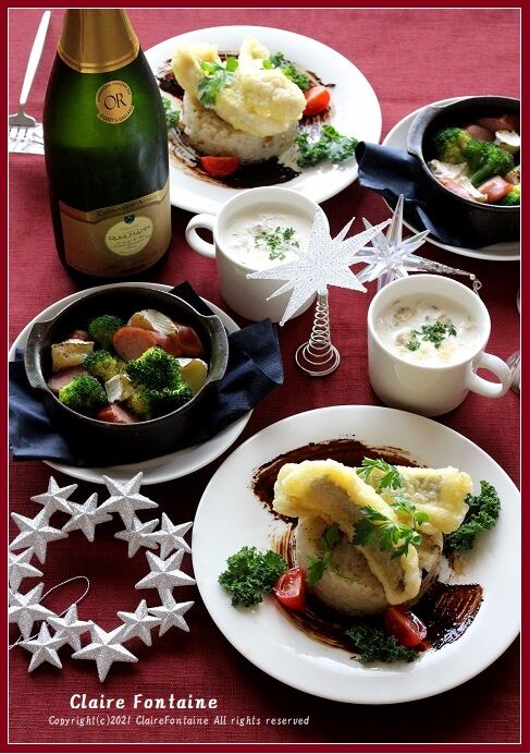 茸の焼きリゾット 穴子フリットのせ Clairefontaine