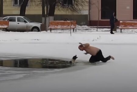 凍った池に落ちた犬