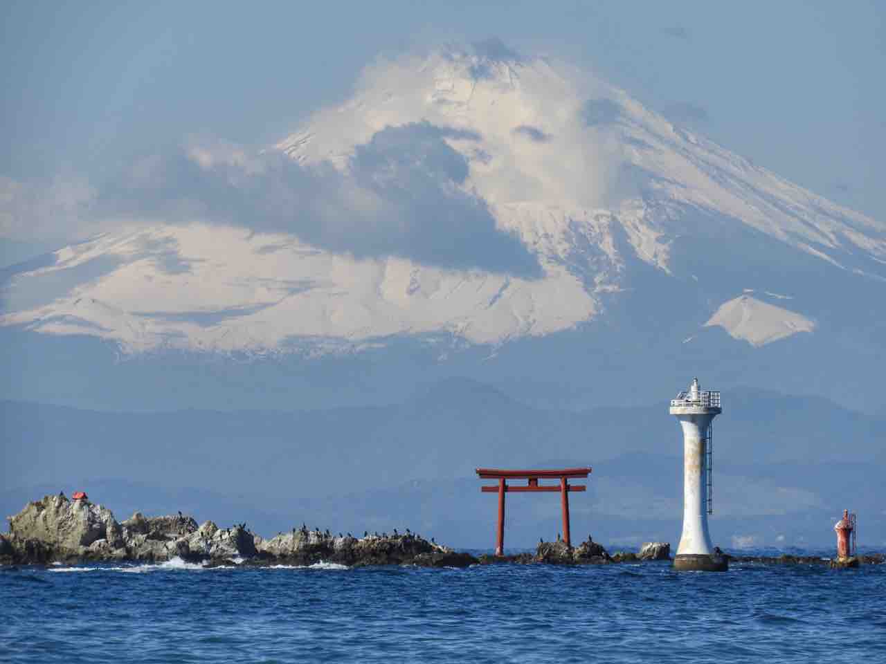 葉山森戸神社前からの富士山曼荼羅図、裕次郎灯台湘南の海