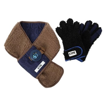 ファーグローブ&刺繡パッチストールセット　ブラック