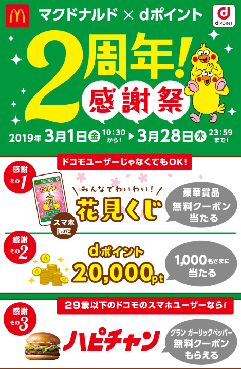 豪華賞品やマクドナルドのクーポンが当たる 花見くじ マクドナルド Dポイント 2周年感謝祭 コンビニ引換無料クーポン貰っちゃおう