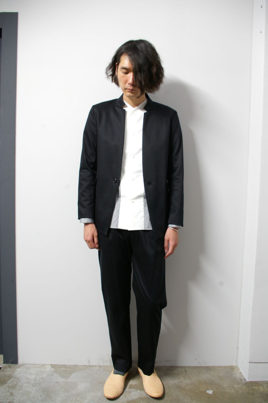 ETHOSENS ノーカラーシャツ 貝ボタン デザインシャツ バイカラー