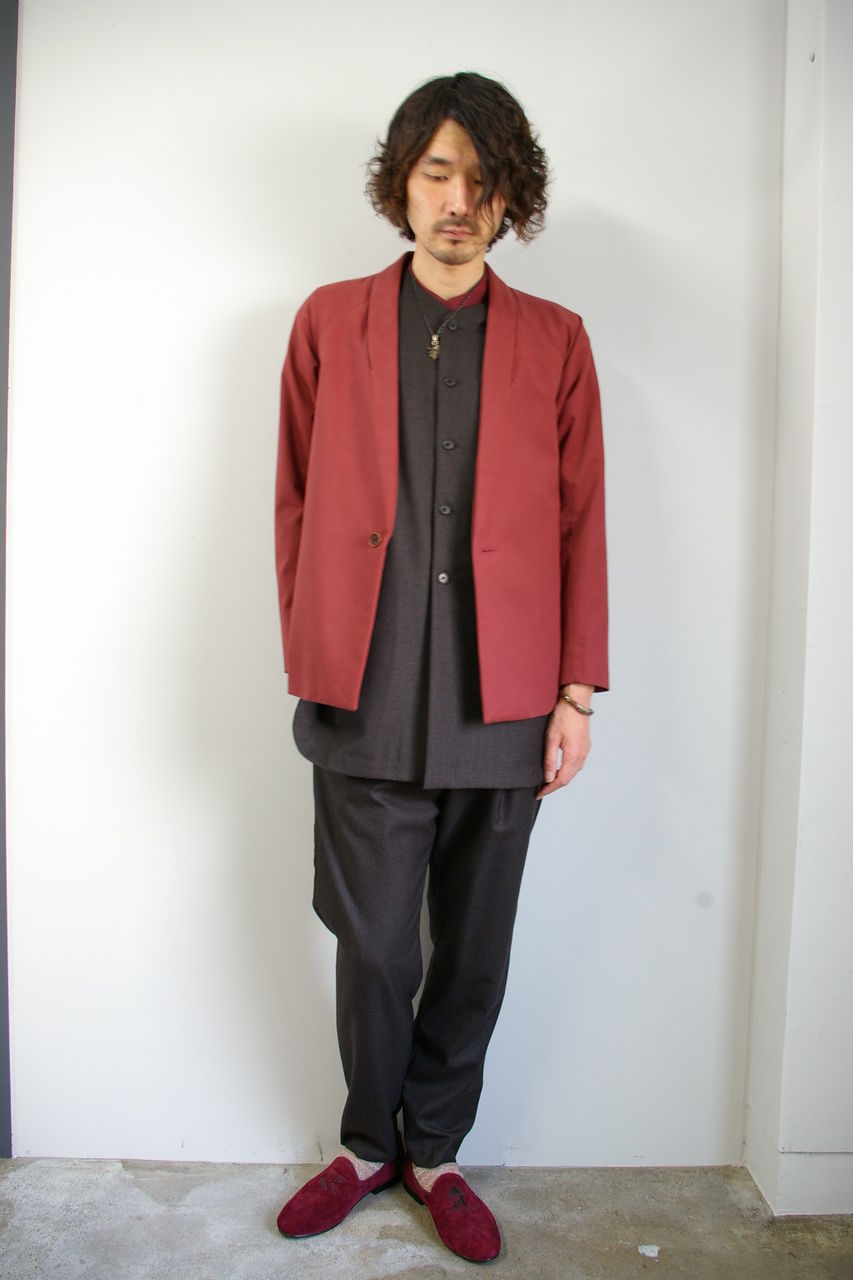 ETHOSENS ノーカラーシャツ 貝ボタン デザインシャツ バイカラー 切替 ETHOSENS ノーカラーシャツ 貝ボタン デザインシャツ バイカラー