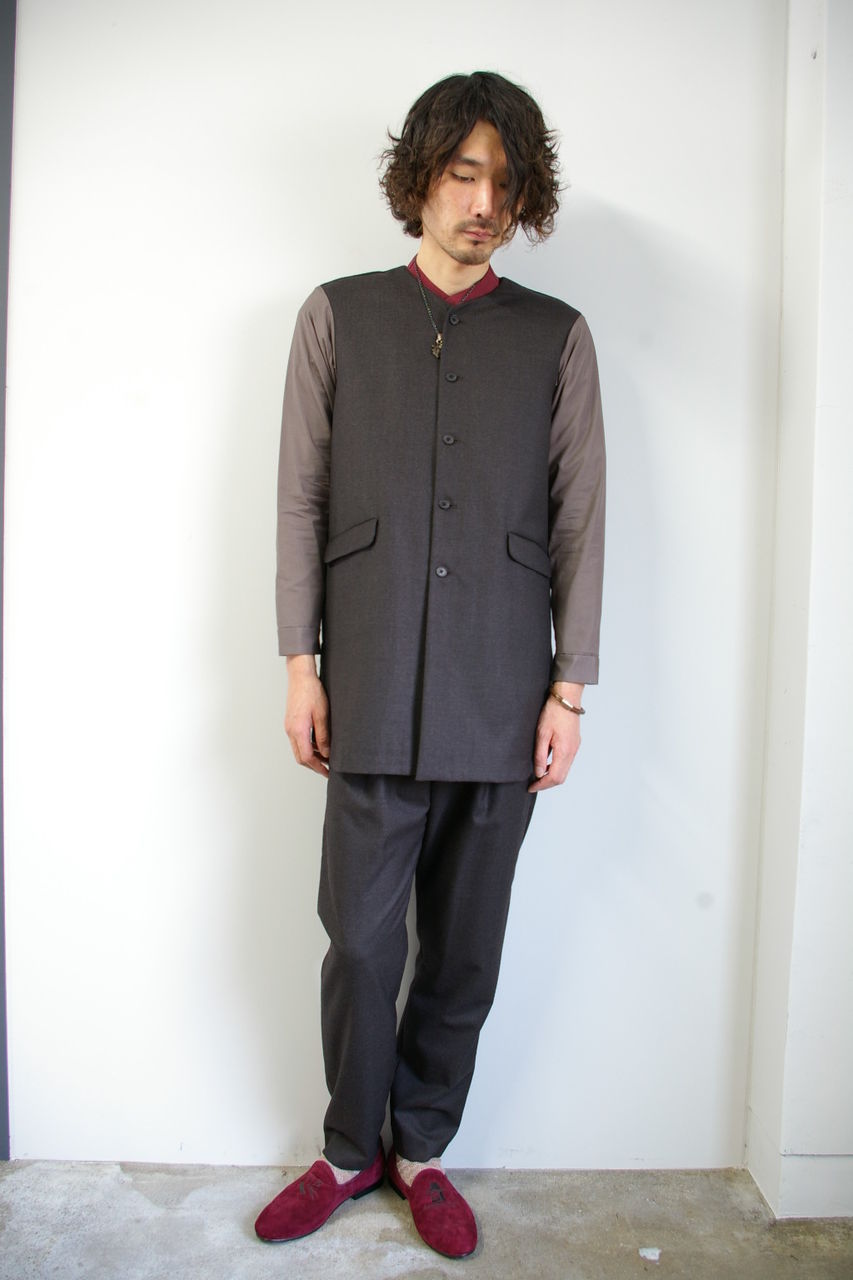 ETHOSENS ノーカラーシャツ 貝ボタン デザインシャツ バイカラー