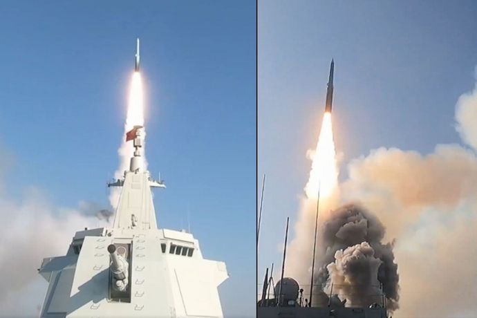 中国海軍の055型ミサイル駆逐艦から発射されたYJ-20極超音速対艦ミサイルの映像！
