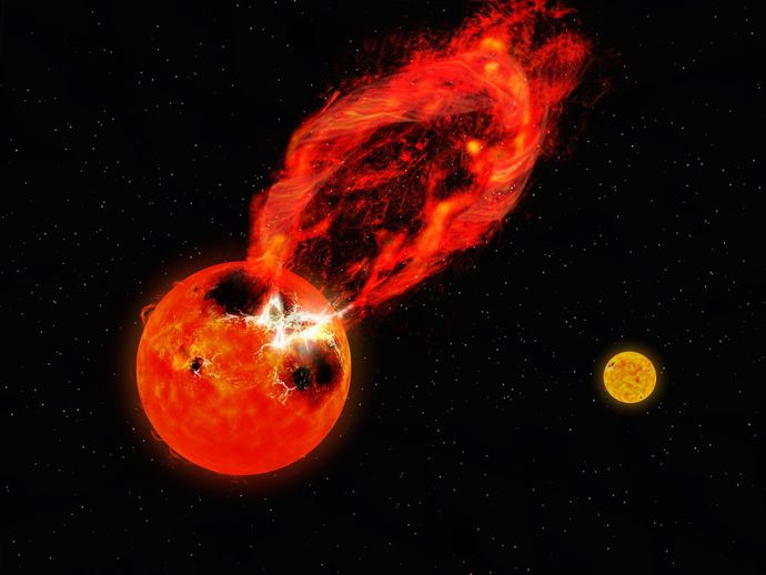 オリオン座方角にある恒星で、史上最大のプロミネンス(紅炎)噴出を観測…太陽の100倍規模！