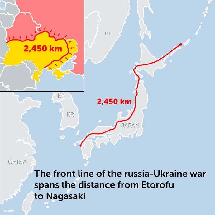 ウクライナの前線2500キロは、択捉島から長崎までの距離に匹敵！