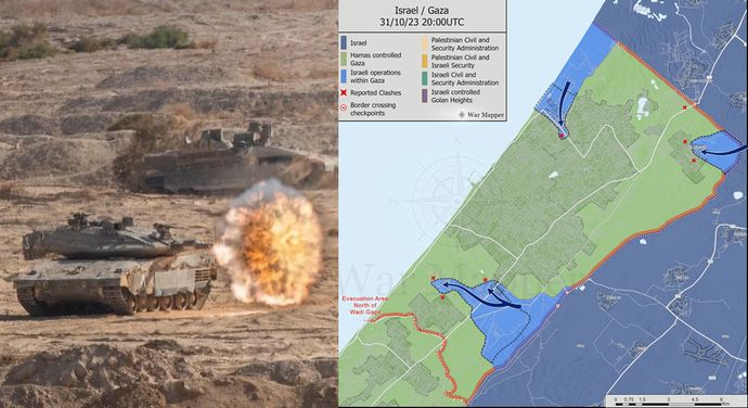 南北分断のイスラエル軍地上部隊は、陣形をVの字にして戦線を維持しながら進行！