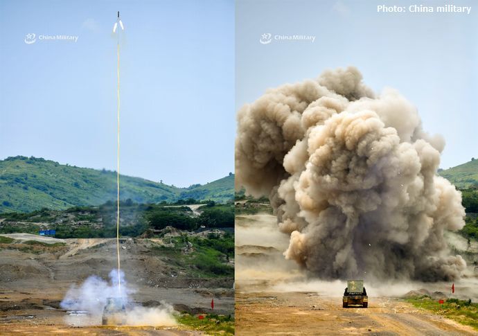 中国陸軍の地雷除去車が爆導索を発射して戦車部隊の進入路を確保！