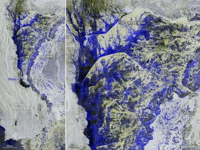 パキスタン洪水でインダス川が「湖」に、衛星画像を公開…雨量は平年の10倍！