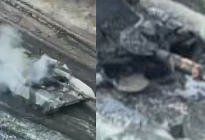 撃破されたT-90M戦車、ハッチを開けて運転してたところにAT-4対戦車弾が飛び込んだ？！