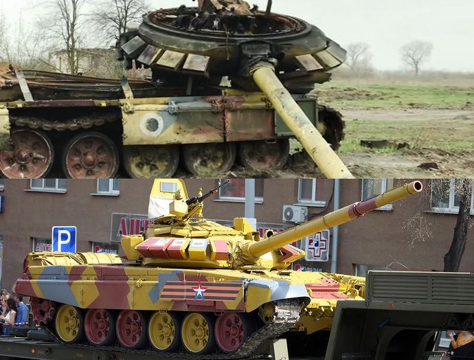 去年4月に撃破されたロシア軍T-72B3、パレード用のド派手塗装のままで戦場に投入！