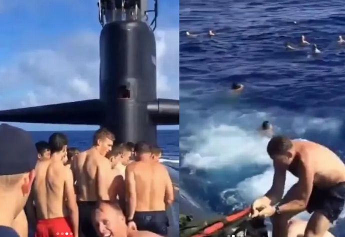 米海軍原子力潜水艦の乗員たちが、洋上で海水浴！