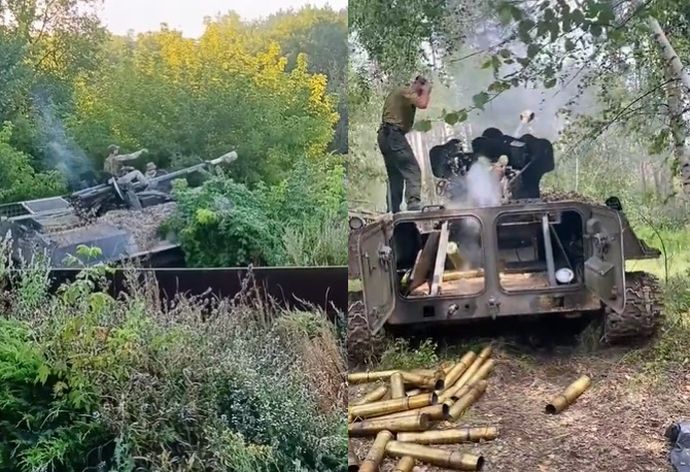 ウクライナ軍第67機械化旅団、85ミリ対戦車砲をMT-LB兵員輸送車に積んで間接射撃！