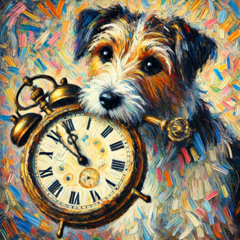 DALL·E 2024-09-13 22.21.12 - A dog holding a clock in