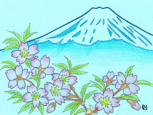 富士山と桜の塗り絵 クレヨン則さんの塗り絵