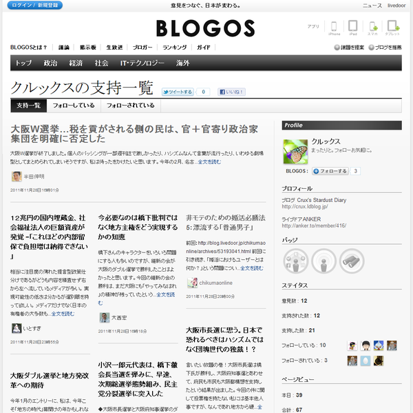 クルックスが支持している記事 BLOGOS(ブロゴス)