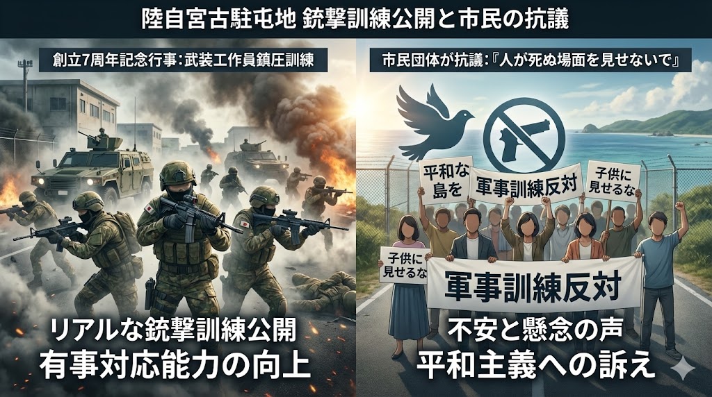【沖タイ】自衛隊の武装工作員鎮圧訓練に市民が抗議「人が死ぬ場面を見せるな😡」