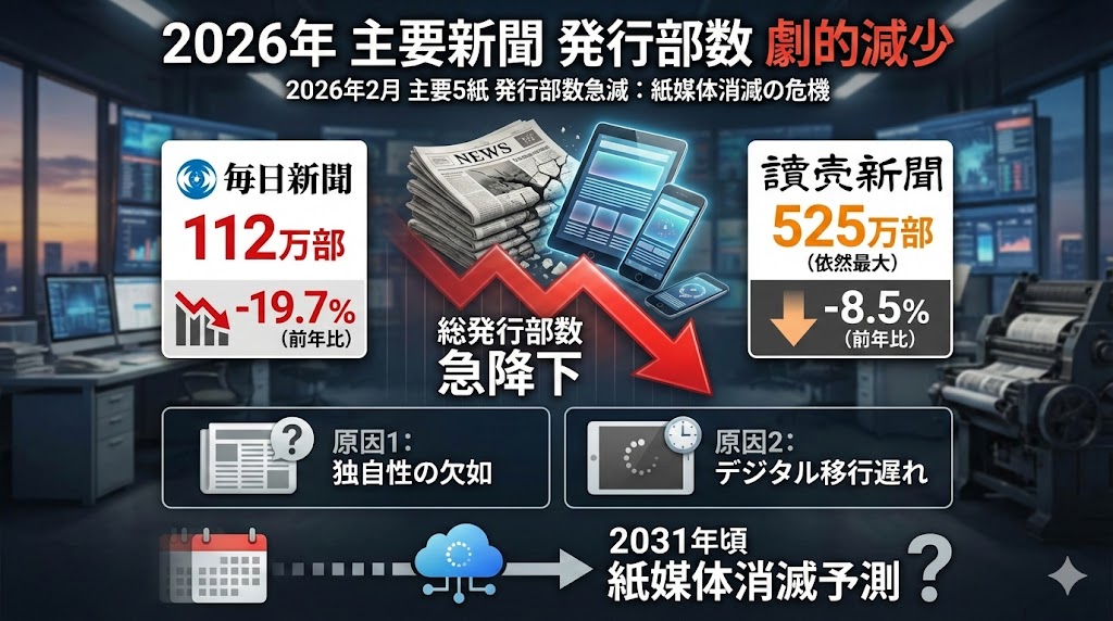 【たすけて】主要5紙、発行部数が急減、毎日新聞は19.7%減