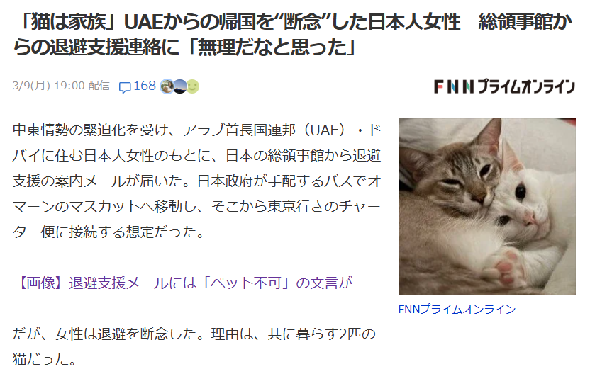 ドバイ在住の日本人女性、日本政府からの緊急退避メールで愕然「ペット帯同できません」→退避断念