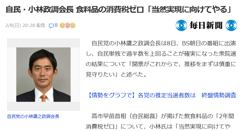 【速報】自民単独で過半数確実の結果を受けて、自民・小林政調会長が食料品の消費税ゼロに言及「当然実現に向けてやる」