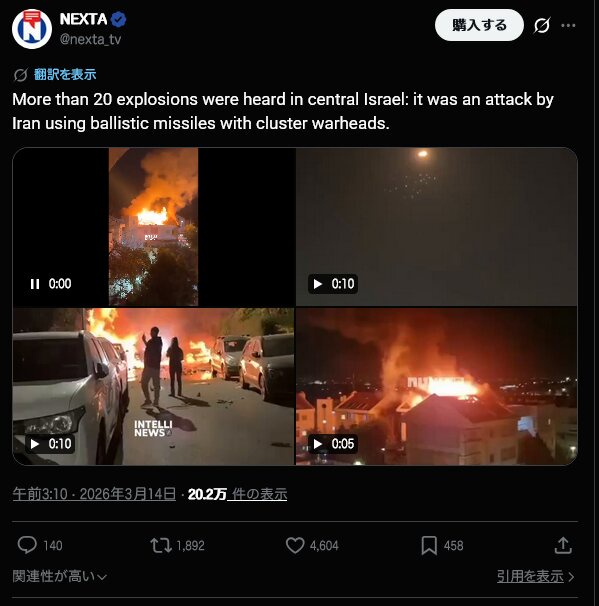 【速報】ガチギレしたイランに飽和攻撃されて防空網突破されてテルアビブが爆撃されまくってる模様