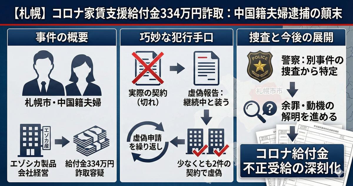 中国人夫婦がコロナ給付金詐欺で334万円を騙し取る、6件の契約に関する申請少なくとも2件の家賃契約が虚偽「虚偽ではない給付金も相当貰っている模様」