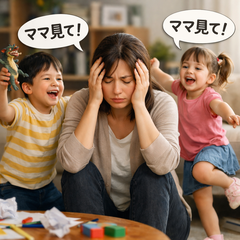 母を囲む子供たちの元気な呼びかけ