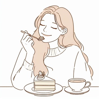 シンプルな線画ケーキを食べる女性