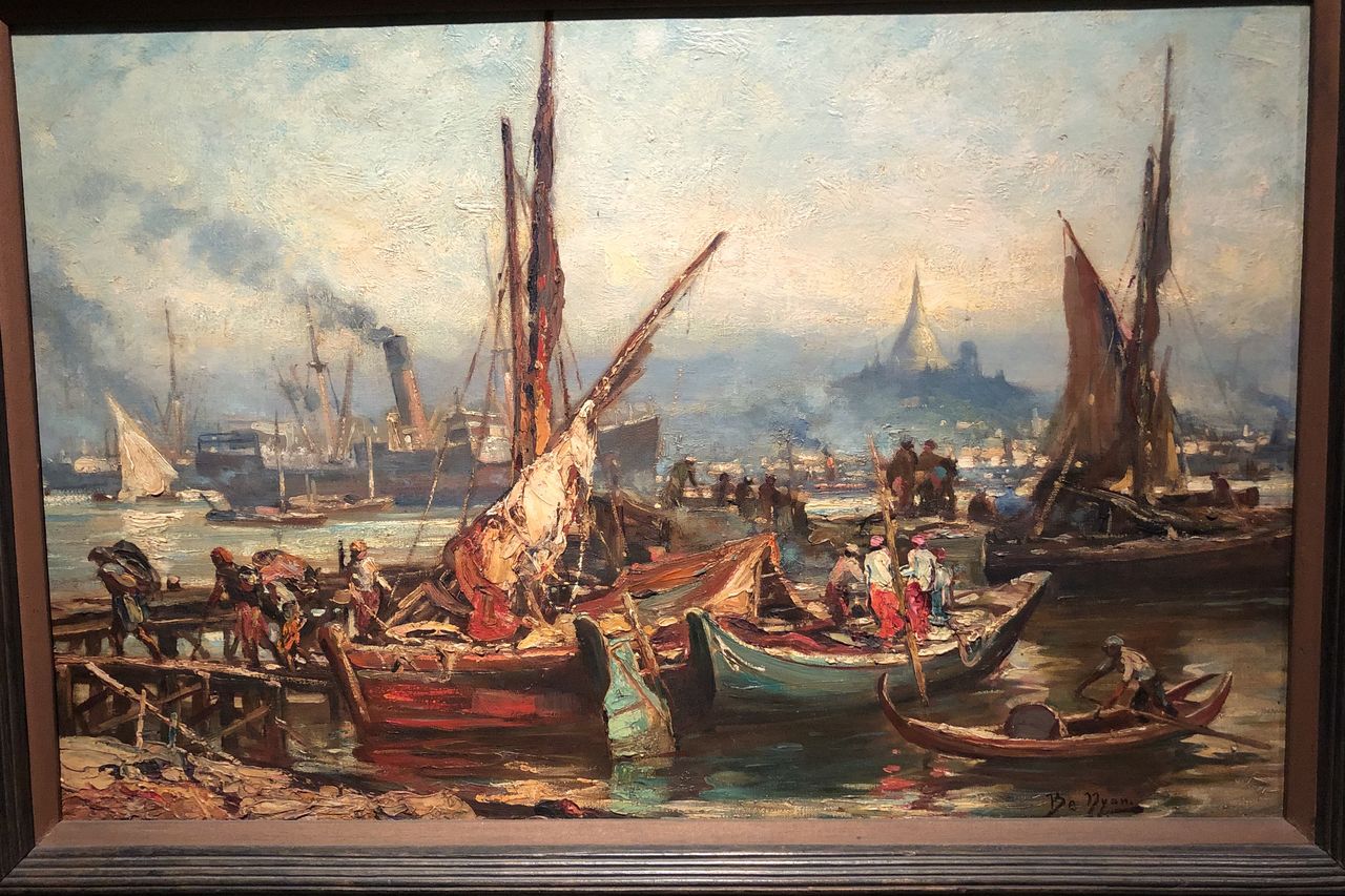 ミャンマー　有名画家　Soe Aung 漁船と夕日 絵画 ミャンマー 有名画家 Soe Aung 漁船と夕日 絵画