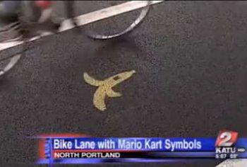 Mario symbols appear in bike lanes