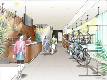 ランナーだけではなく自転車通勤者もターゲット。駐輪場完備のランナーズステーションのイメージ画像。