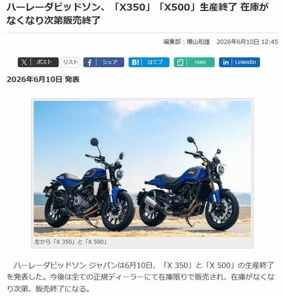 【悲報】353ccのハーレー、生産終了…のサムネイル