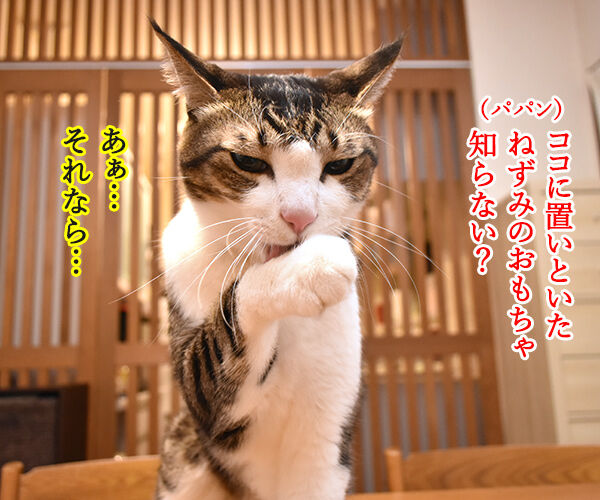 小さいねずみのおもちゃはキケンなのよッ　猫の写真で４コマ漫画　１コマ目ッ