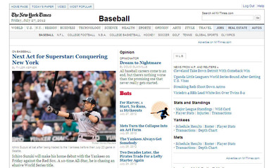 2012年7月27日NY Times電子版 Baseballページ トップ画面