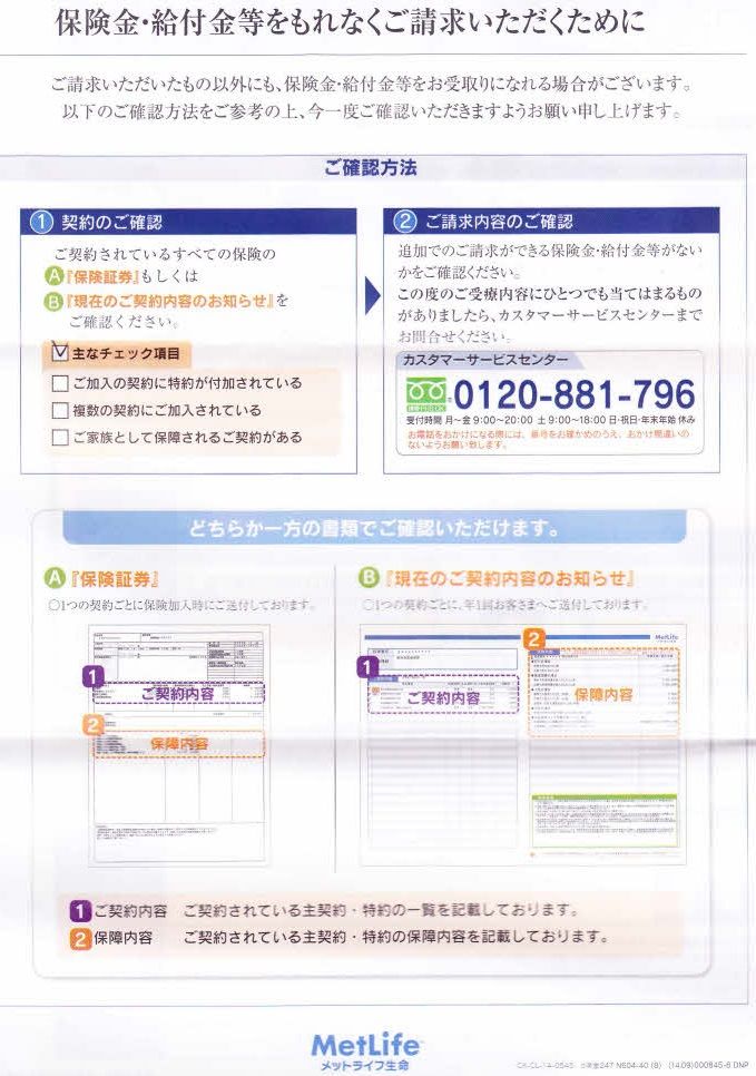 2015年7月28日の出来事 ﾒｯﾄﾗｲﾌ生命 通院給付金 1回目