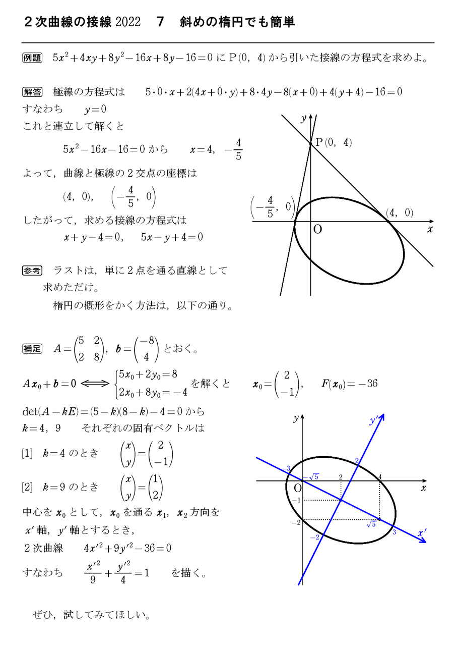 ２次曲線の接線2022 ７ 斜めの楕円でも簡単 : 怜悧玲瓏 ～高校数学を天空から俯瞰する～