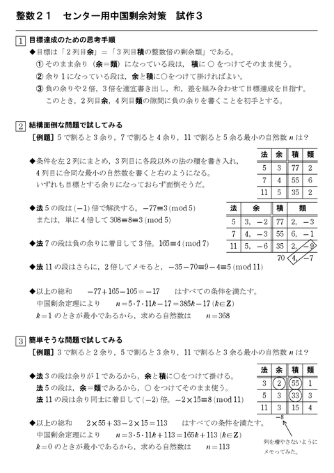 整数２１　センター用中国剰余対策　試作３