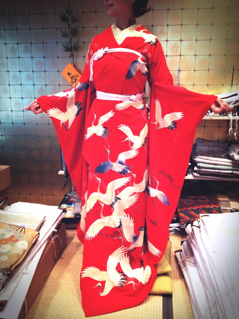 着物　七五三　鶴柄　アンティーク　赤 S0715 源氏車に鶴（赤） | 七五三着物レンタル | tententen