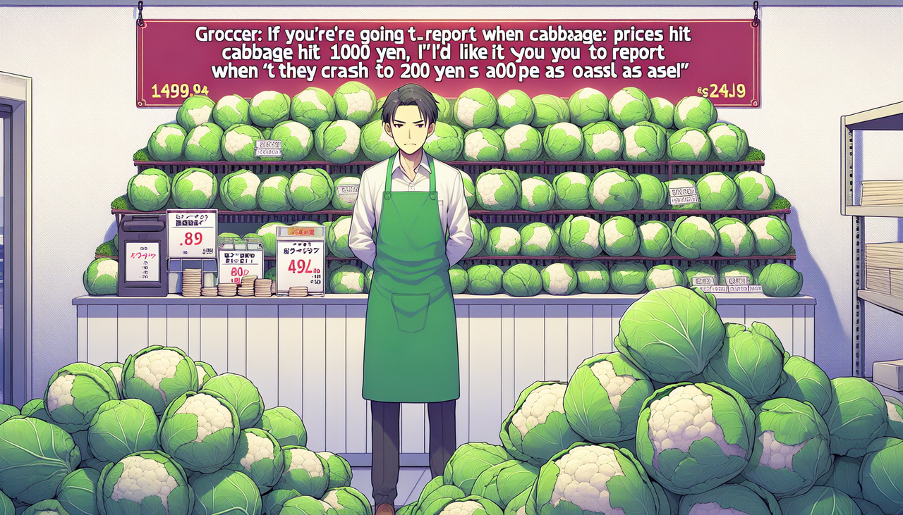 八百屋さん｢キャベツが1000円の時に報道するなら200円に暴落した時も報道してくれ。。。｣